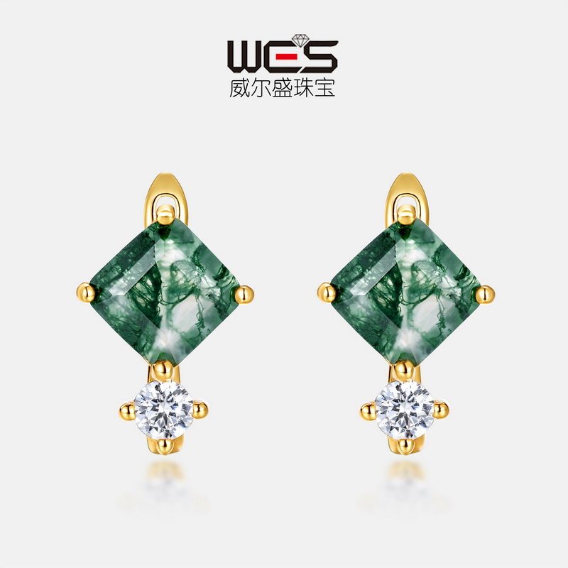 几何天然水草玛瑙耳饰S925银镀18K金镶彩宝宝石绿苔藓石时尚耳环