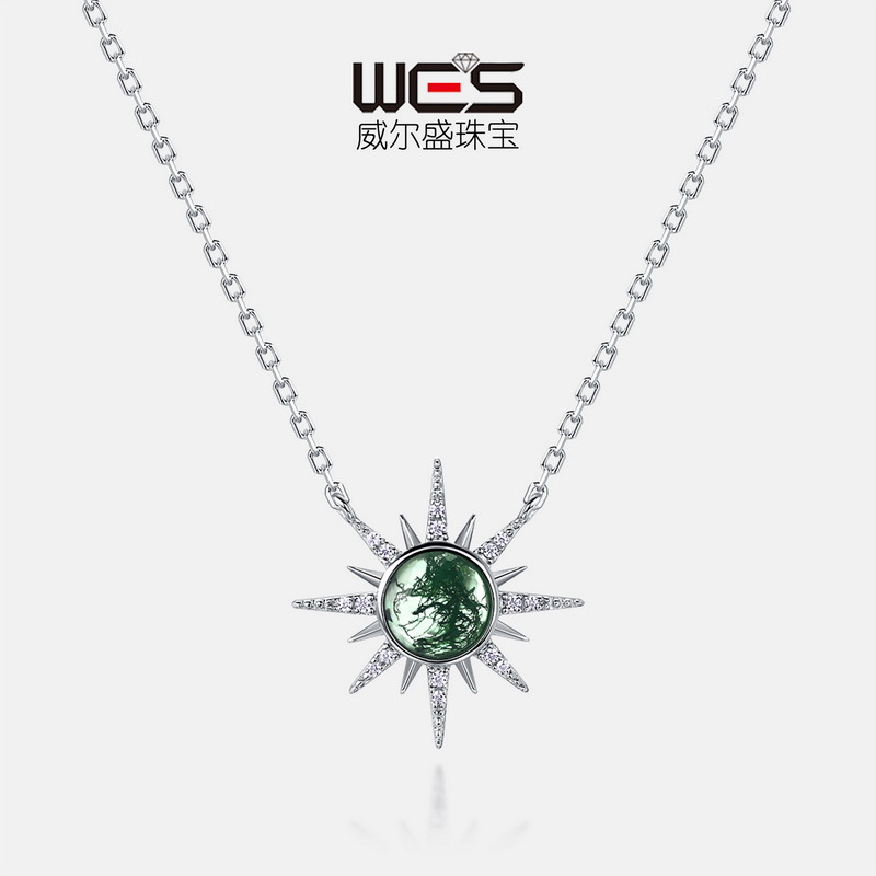 太阳项链女S925银镀18K金PT950铂金天然绿苔藓锁骨链复古优雅