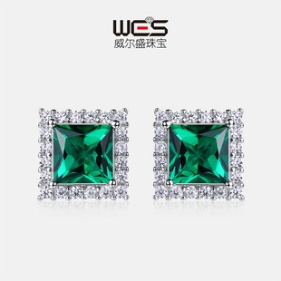 通勤培育祖母绿耳钉S925银镀18K金PT950铂金围镶培育彩宝耳饰轻奢