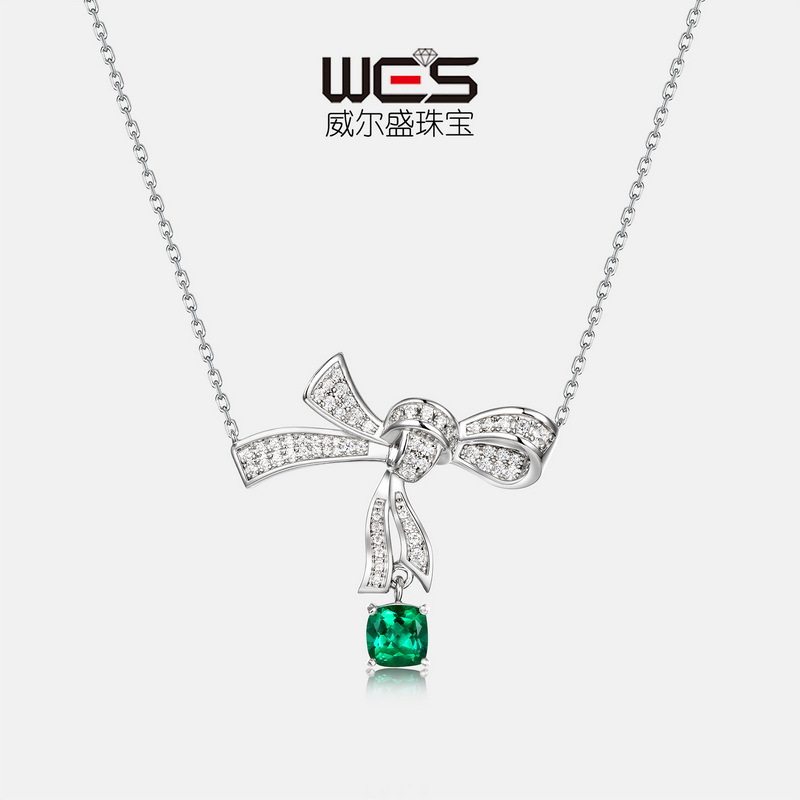 蝴蝶结培育祖母绿项链S925银镀18K金PT950铂金枕形培育彩宝锁骨链