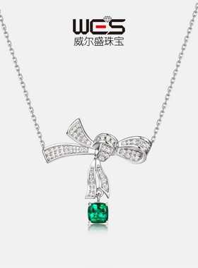 蝴蝶结培育祖母绿项链S925银镀18K金PT950铂金枕形培育彩宝锁骨链