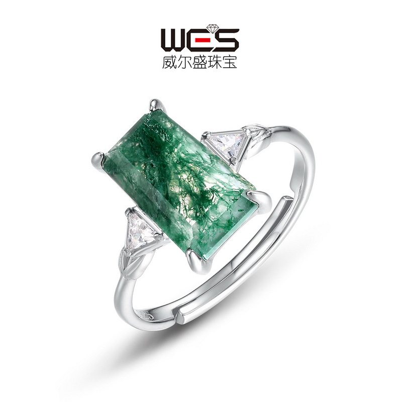 天然绿苔藓石戒指S925银镀18K金PT950铂金镶长方车平水草玛瑙指环