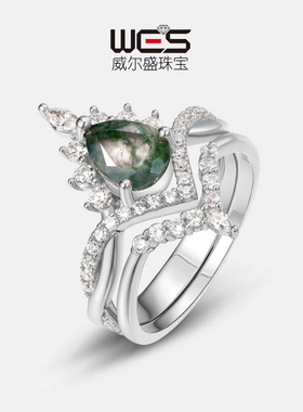 新品S925银镀18K金绿苔藓戒指女水草玛瑙对戒时尚百搭饰品礼物
