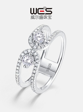 新款U型创意莫桑钻戒指S925银镀18K金满镶璀璨彩钻指戒轻奢高级感