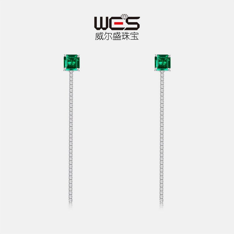 新款公主方培育祖母绿流苏耳钉S925银镀18K金PT950铂金简约时尚