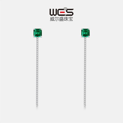 新款公主方培育祖母绿流苏耳钉S925银镀18K金PT950铂金简约时尚