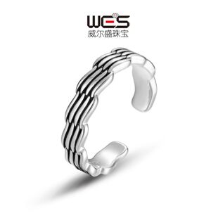 波浪潮流时尚开口指环S925银镀18K金镶嵌彩宝宝石保色戒指男女款