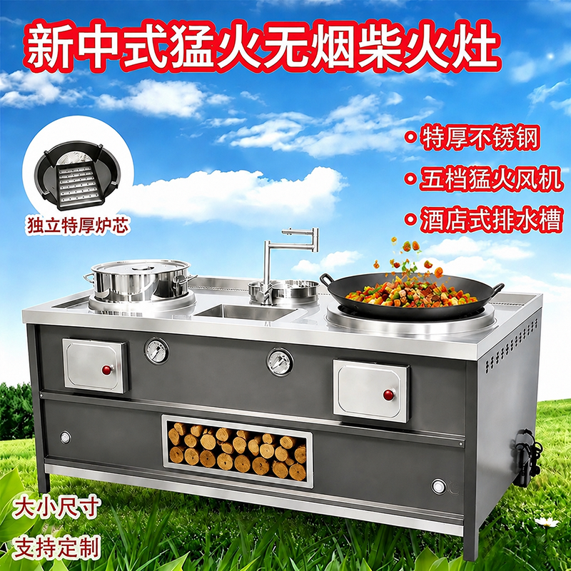 新款猛火无烟不锈钢柴火灶家用烧木柴两用炉农村户外新型大锅灶台
