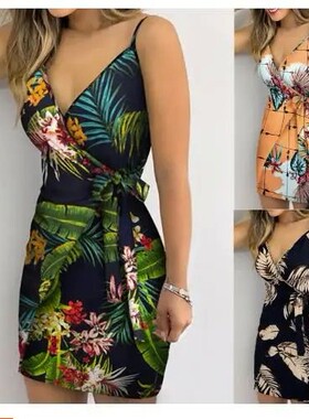 V-neck printed lace up wrap casual dressV领印花系休闲连衣裙