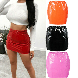 bright color leather buttock 纯色亮皮包臀裙 Sexy skirt solid