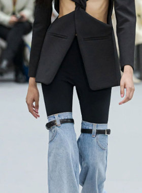 High waisted straight leg patchwork jeans 高腰直筒拼接牛仔裤