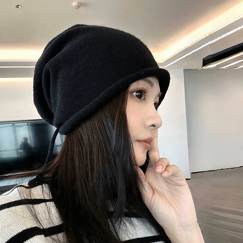 黑色毛线帽女宽松大版针织堆堆帽
