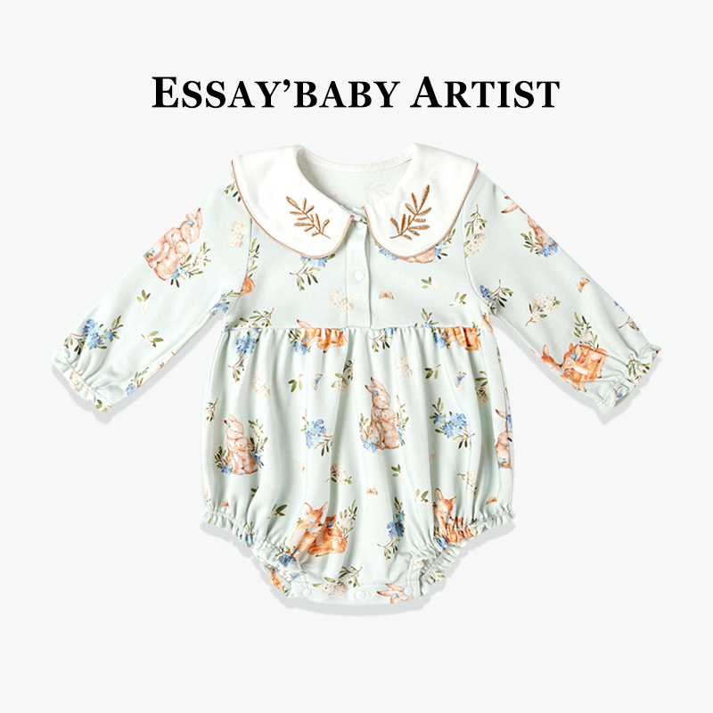 Essaybaby婴儿包屁衣春秋长袖连体衣兔宝宝爬服纯棉英式三角哈衣