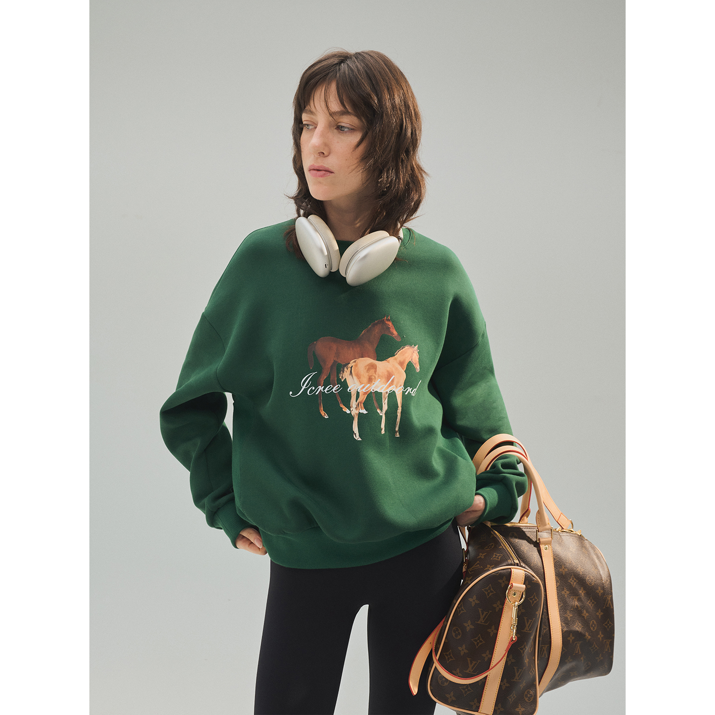 ICREE老艺术家原创拼接绿色圆领印花卫衣 宽松休闲运动套头上衣