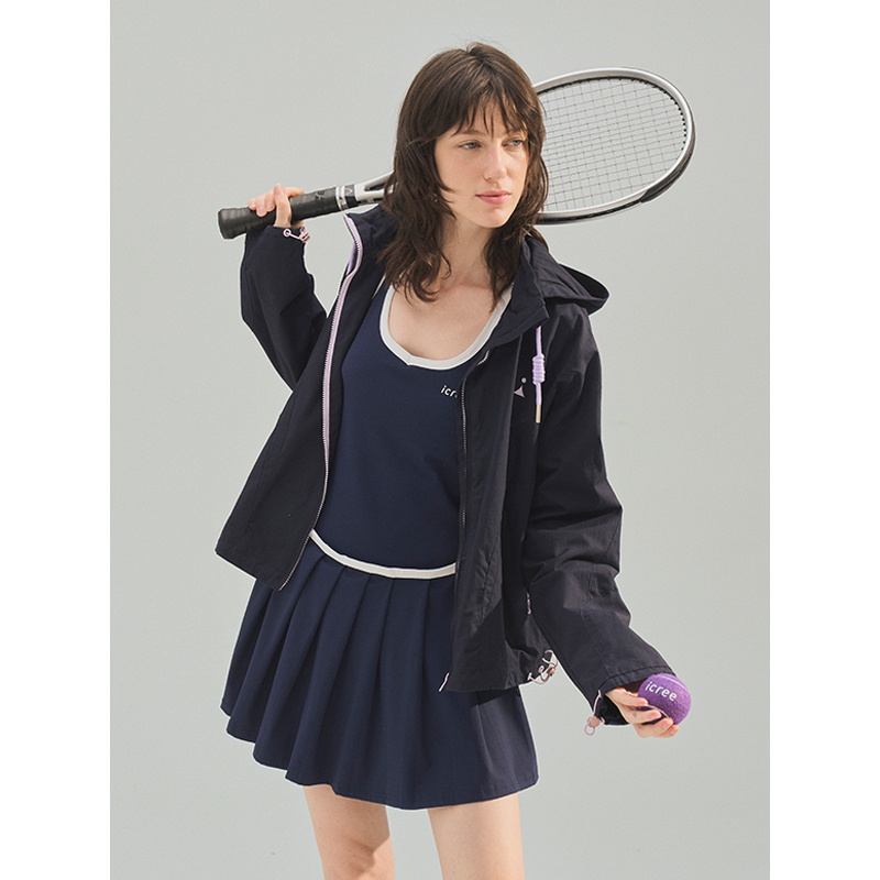 ICREE撞色抽带连帽宽松外套 户外休闲机能感拉链口袋防风夹克秋女