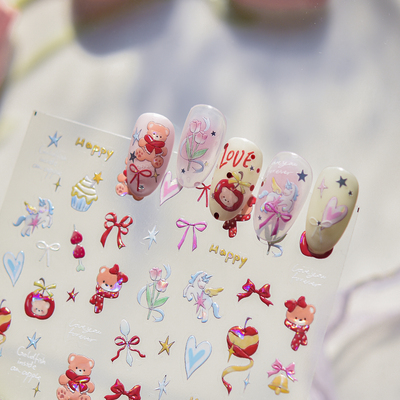 tomoni贝壳光美甲贴纸爆款春季可爱指甲贴红围巾小熊装饰贴纸5593