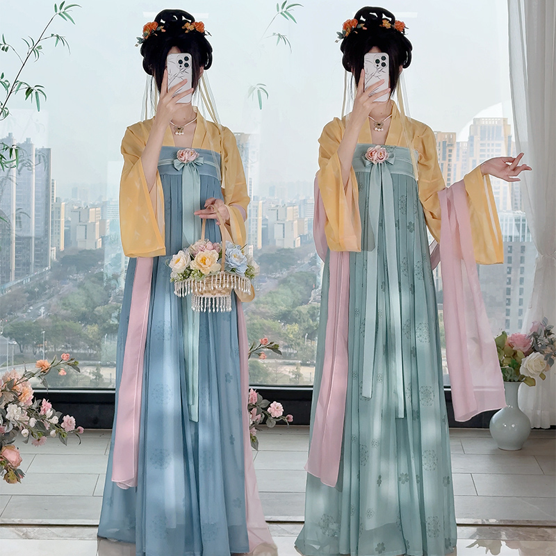 唐制齐胸一片式襦裙汉服对襟上杉