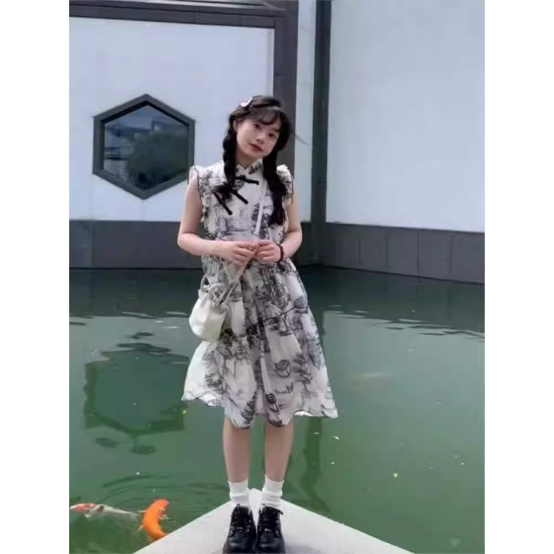 新中式山水画印花清冷感飞飞袖连衣裙子女盘扣复古轻国风旗袍裙子
