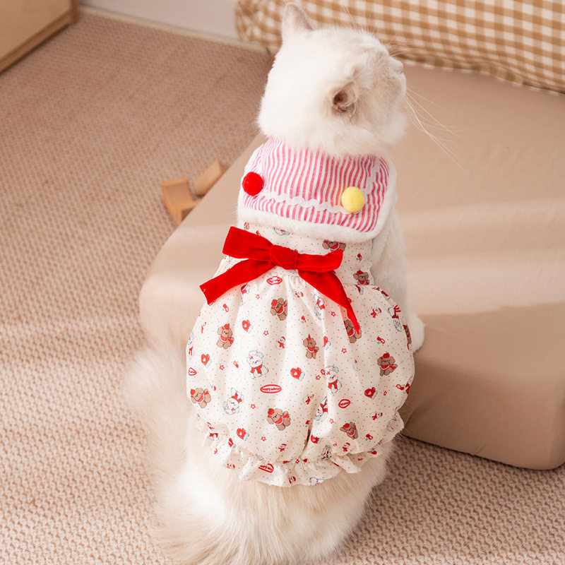 秋冬季猫咪衣服加绒保暖公主风蝴蝶结连衣裙成猫幼猫狗狗宠物衣服