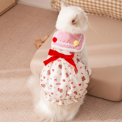 秋冬季猫咪衣服加绒保暖公主风蝴蝶结连衣裙成猫幼猫狗狗宠物衣服