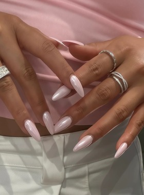 欧美海莉橡皮粉极光穿戴甲中长款粉色白月光辣妹甲片纯色新款美甲