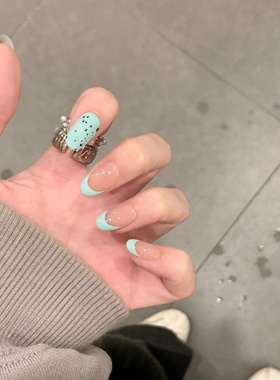 短款纯手工穿戴甲薄荷绿法式美甲贴片裸色黑点显白小众假指甲贴片