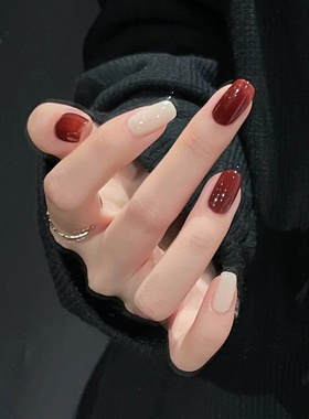 红色跳色纯手工穿戴甲短款高级显白气质冰透裸色美甲贴片成品孕妇