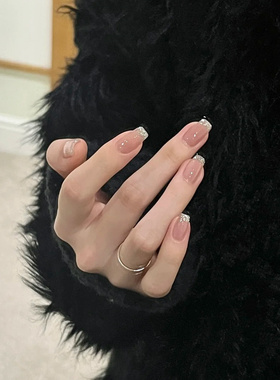 中长方纯手工穿戴甲短款法式爆闪冰透裸甲高级感显白裸色美甲贴片