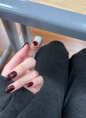 新款手工穿戴甲中长款棕色显白假指甲简约秋冬温柔高级感美甲贴片