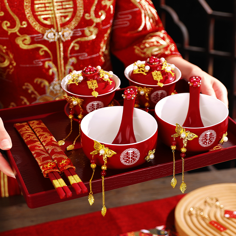 结婚敬茶杯子婚礼喜庆红色新人改口盖碗茶具碗筷套装喜碗用品大全