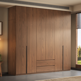 胡桃色衣柜家用卧室包安装实木柜子2026爆款出租房原木风衣橱定制