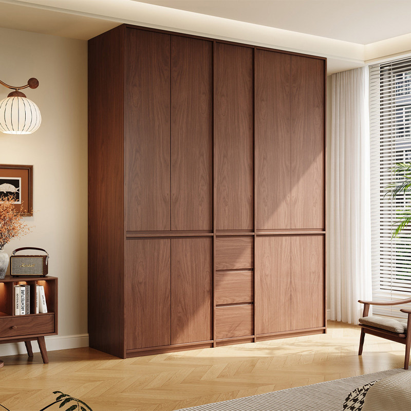 实木衣柜家用卧室中古风带抽屉储物柜2026新款爆款出租房用大衣橱