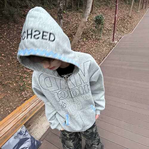 美式复古贝壳绣重磅开衫连帽卫衣男秋冬新款百搭宽松小众情侣外套