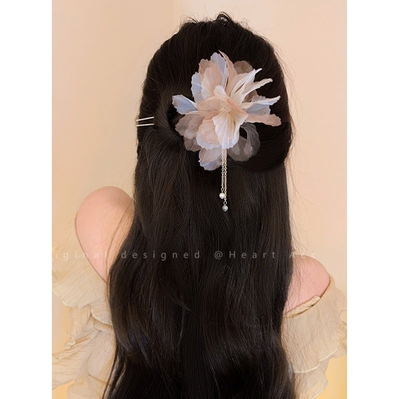「枯叶蝶」仙气雪纺花朵U型发簪古风女高级新中式马面裙发钗簪子