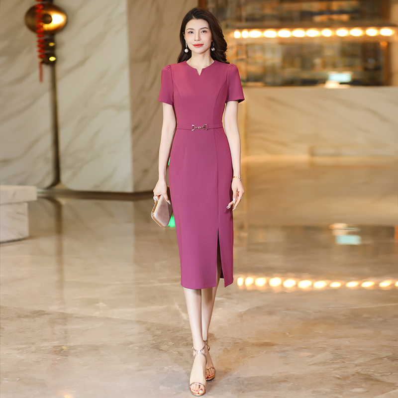 高端精致紫色连衣裙2025夏季新款修身显瘦时尚优雅短袖中长裙1902