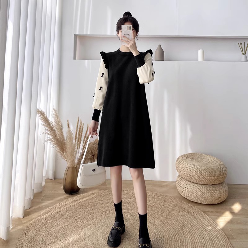 哺乳洋装秋冬外出辣妈款针织假两件毛衣裙宽O松显瘦哺乳衣服秋装