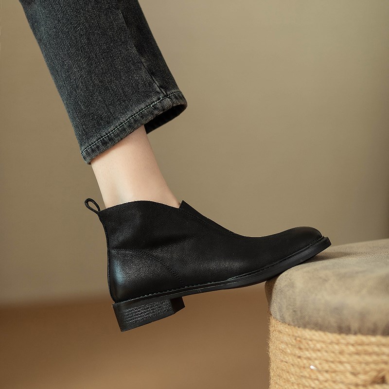 大叔手工鞋 巨好穿~!新款真皮复古擦色法式小踝靴女单靴平底短靴