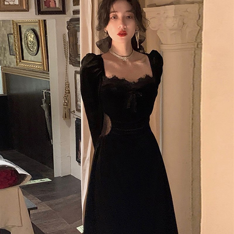 赫本风黑色丝g绒连衣裙女秋装收腰法式复古小众设计感长裙子晚礼