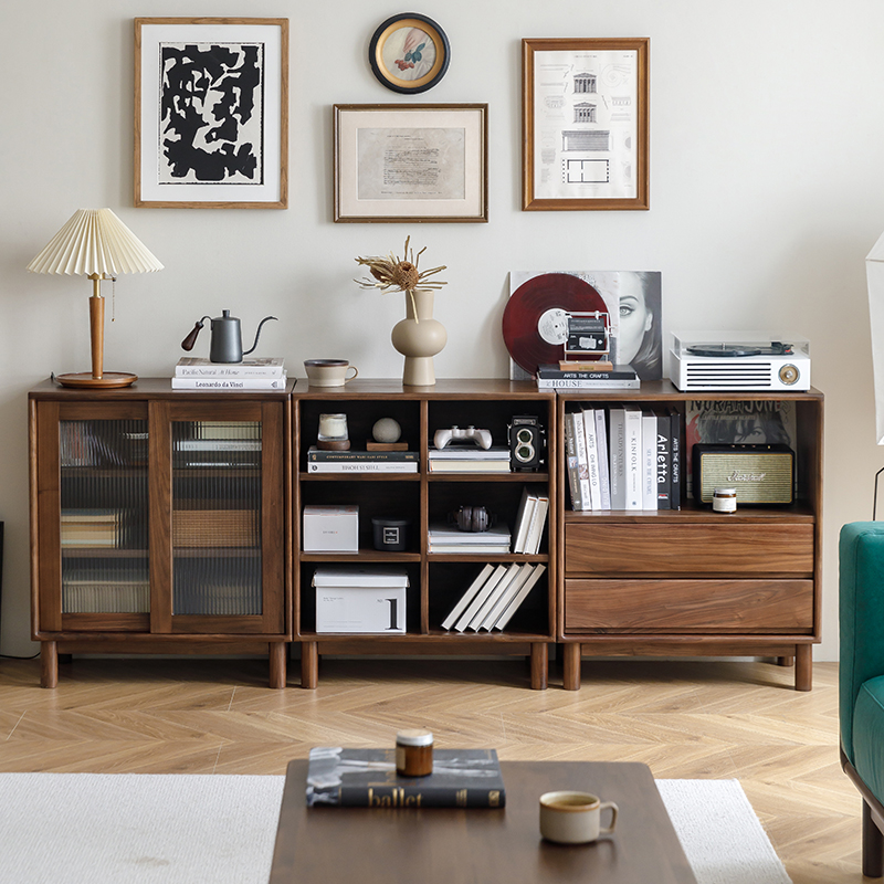 梦天然北美e黑胡桃木实木书柜书架落地矮书架带玻璃门沙发背柜北