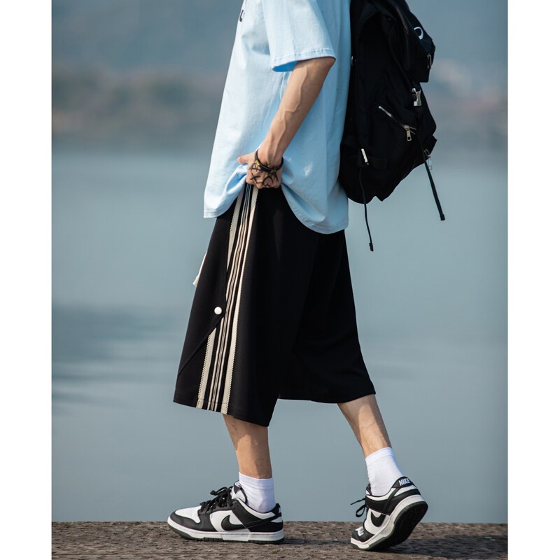 2025夏季新款针织面料休闲短裤男潮牌运动宽松七分裤男青少年美式