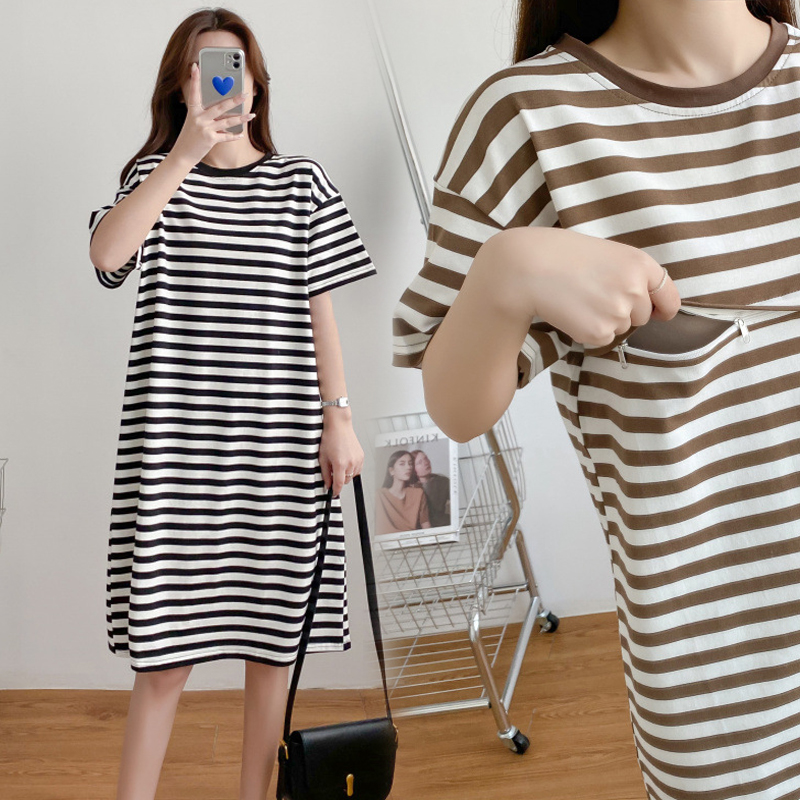 胖妹妹大码哺乳期外出连t衣裙夏季产后女母乳喂养夏天睡衣T恤夏装