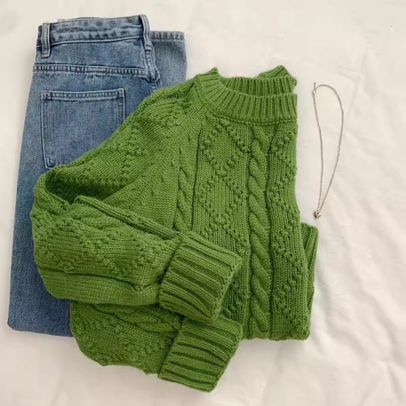 牛X货 巨炸裂!法式高级感圆领绿色羊绒麻花毛衣针织衫上衣女秋