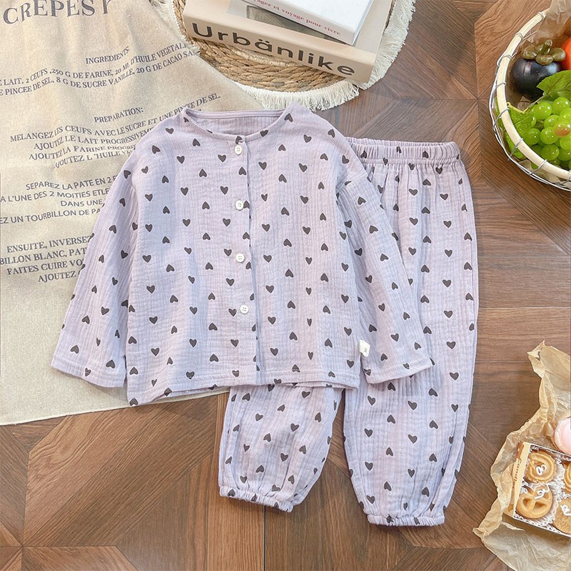 儿童纯棉双层纱布睡衣A类男女童春秋棉纱开衫套装宝宝长袖家居服