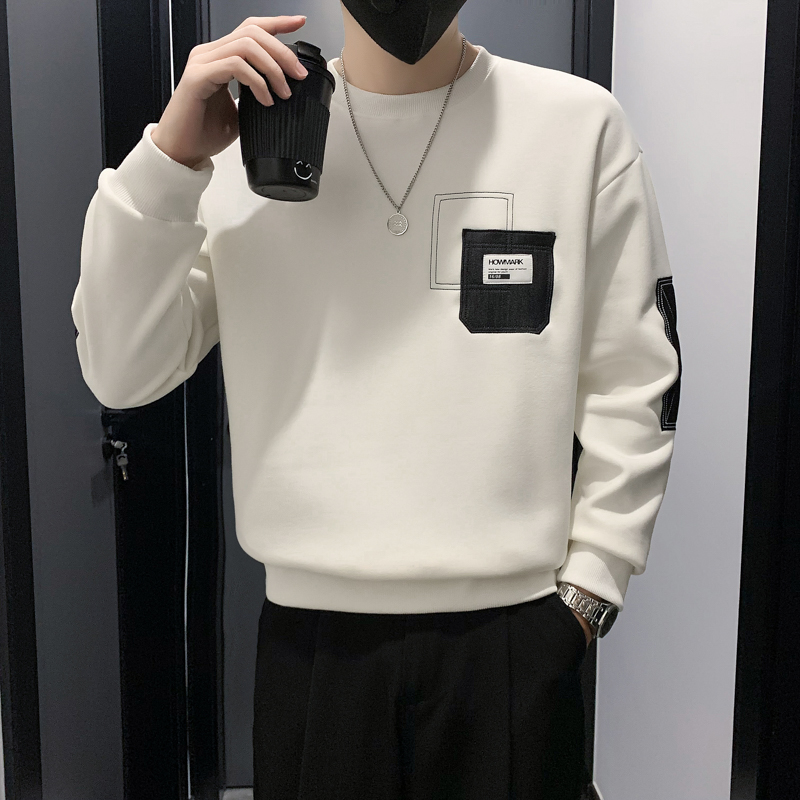 圆领拼接卫衣男长袖春秋款休闲贴布上衣套打底衫男生潮流帅气男装