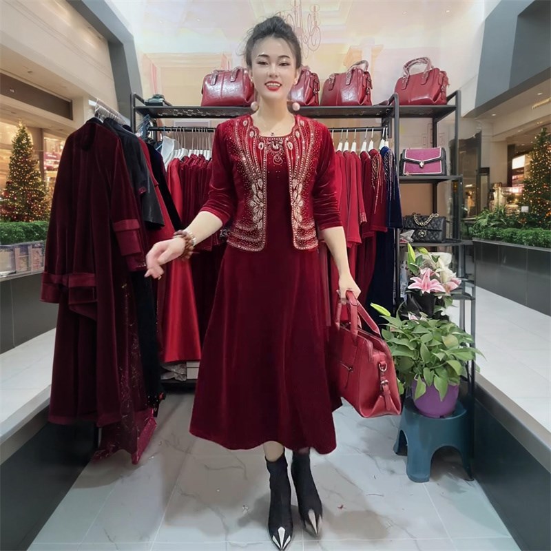 高端中年妈妈婚礼连衣裙两件套装春秋新款丝绒喜婆婆结婚礼服喜服