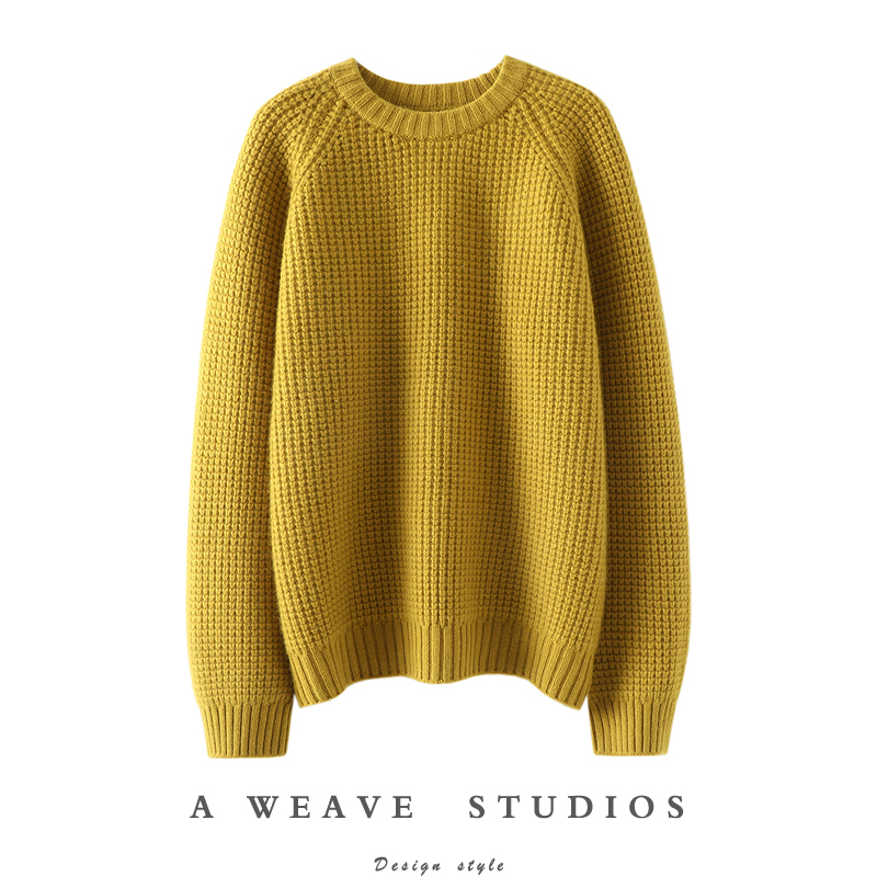 爆美!仙色秋叶黄~重磅加厚圆领羊绒衫女纯羊绒毛衣针织衫宽松冬