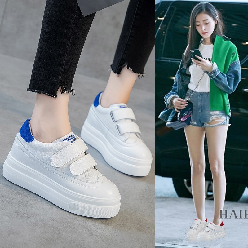 小白鞋女懒人松糕2025春新款韩版百搭厚底真皮休闲运动内增高鞋女