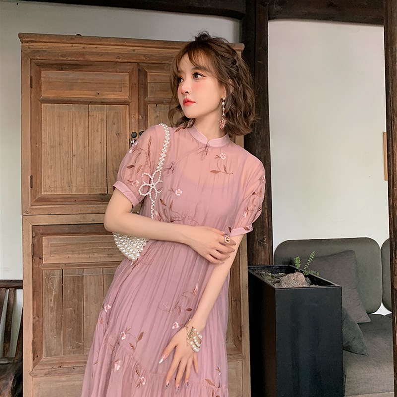 中式改良版国风夏季日常刺绣碎花宽松显瘦年轻中长款旗袍连衣裙女