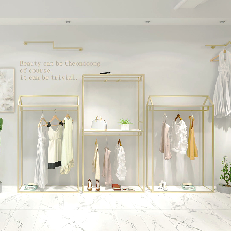 金色服装店展示架落地式双层挂衣架子男装店大型商场高柜商用货架