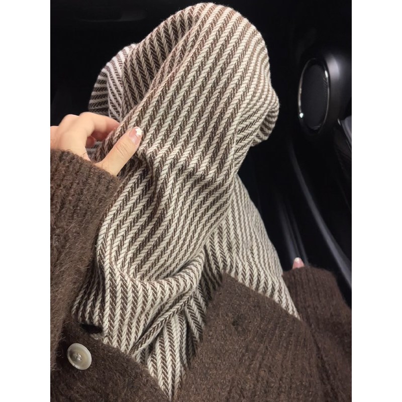 孕妇咖色竖条纹裤子秋冬季加绒加厚托腹垂感阔腿裤休闲直筒毛呢裤